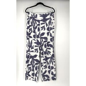 Chicos Linen Blend Wide Leg Pants 8R Blue Tropical Leaf Vacation Resort Travel